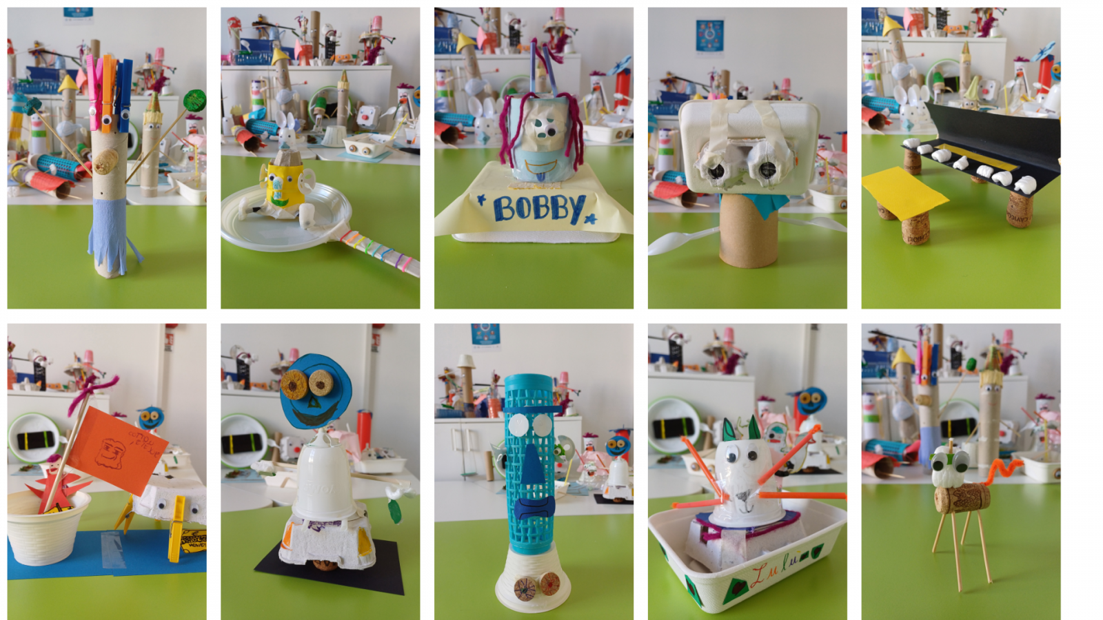 10 creazioni degli studenti (animali, personaggi e mostriciattoli di fantasia) realizzati con cartoncini, plastica e altri materiali creativi