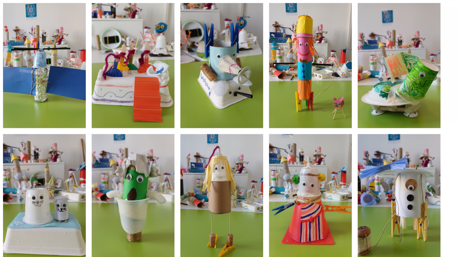 10 creazioni degli studenti realizzati con cartoncini, plastica e altri materiali creativi