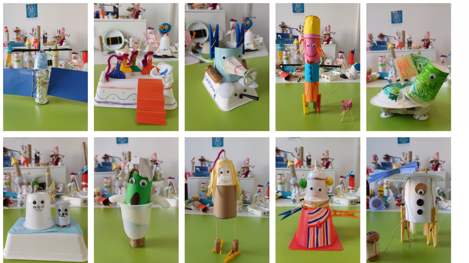 altre 10 creazioni degli studenti (animali, personaggi e mostriciattoli di fantasia) realizzati con cartoncini, plastica e altri materiali creativi
