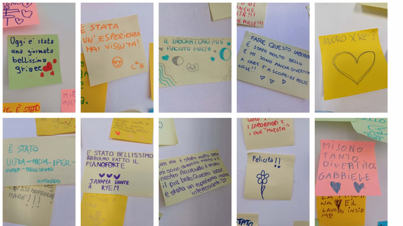 10 commenti scritti dagli studenti su alcuni fogli di carta in seguito al laboratorio svolto. Quasi tutti esprimono gratitudine e divertimento per l'esperienza vissuta, alcuni evidenziano il loro momento preferito